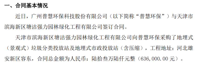 ST普慧向强力园火狐电竞林绿化采购地埋式垃圾分类投放站及地埋式市政投放站 合同总金额为636万(图1)